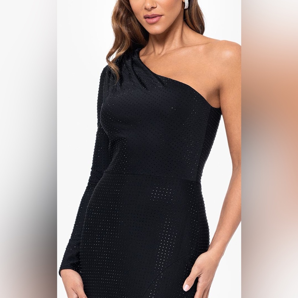 Xscape Black Dress One Shoulder Evening Gown Sexy Slit Formal Bodycon Maxi 14 - Picture 3 of 12